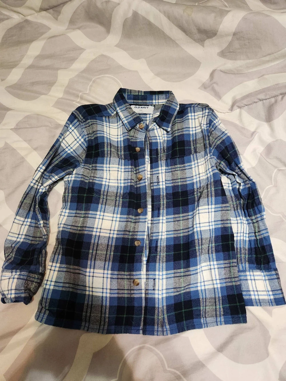 Old Navy Navy, Blue and White Plaid Button-Down Kids Shirt